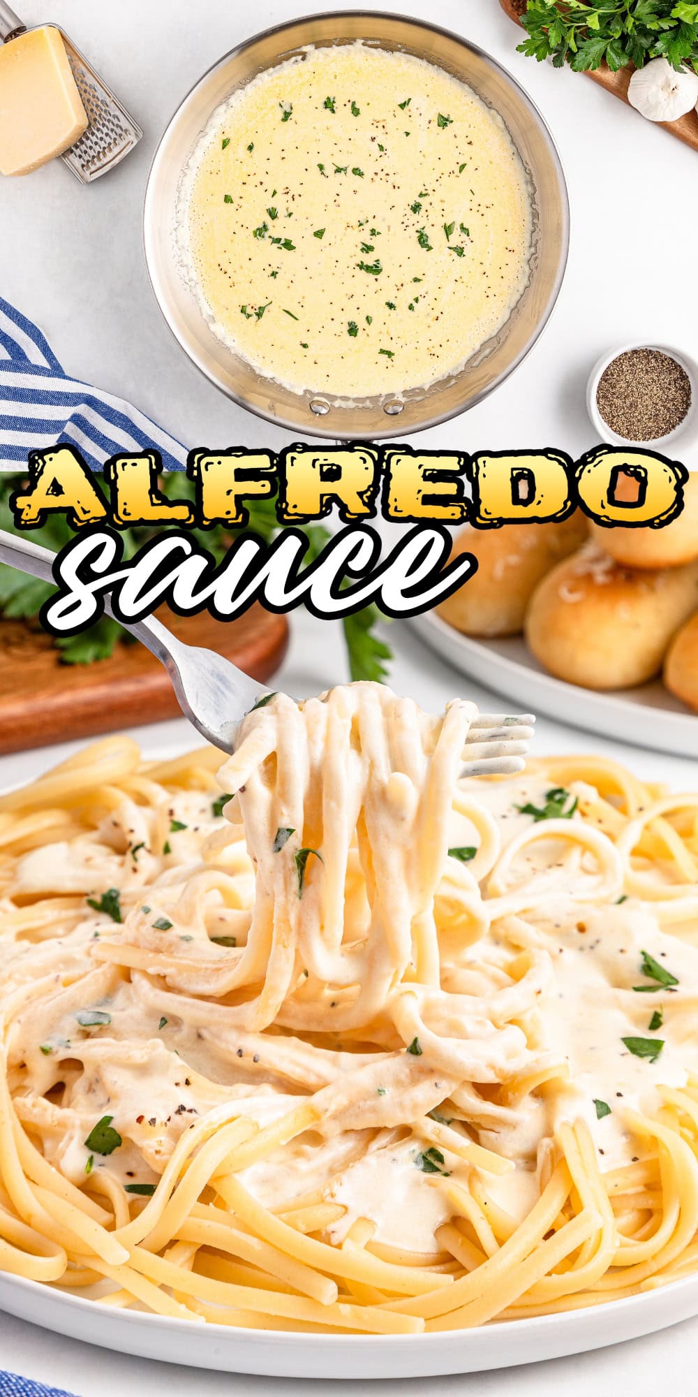 Plate of pasta with Alfredo sauce, bread rolls, and a bowl of creamy sauce.