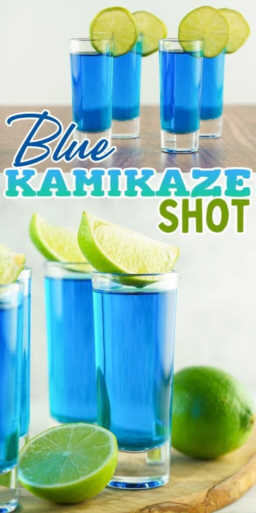 Blue kamikaze shots with lime wedges on glasses and whole limes nearby.