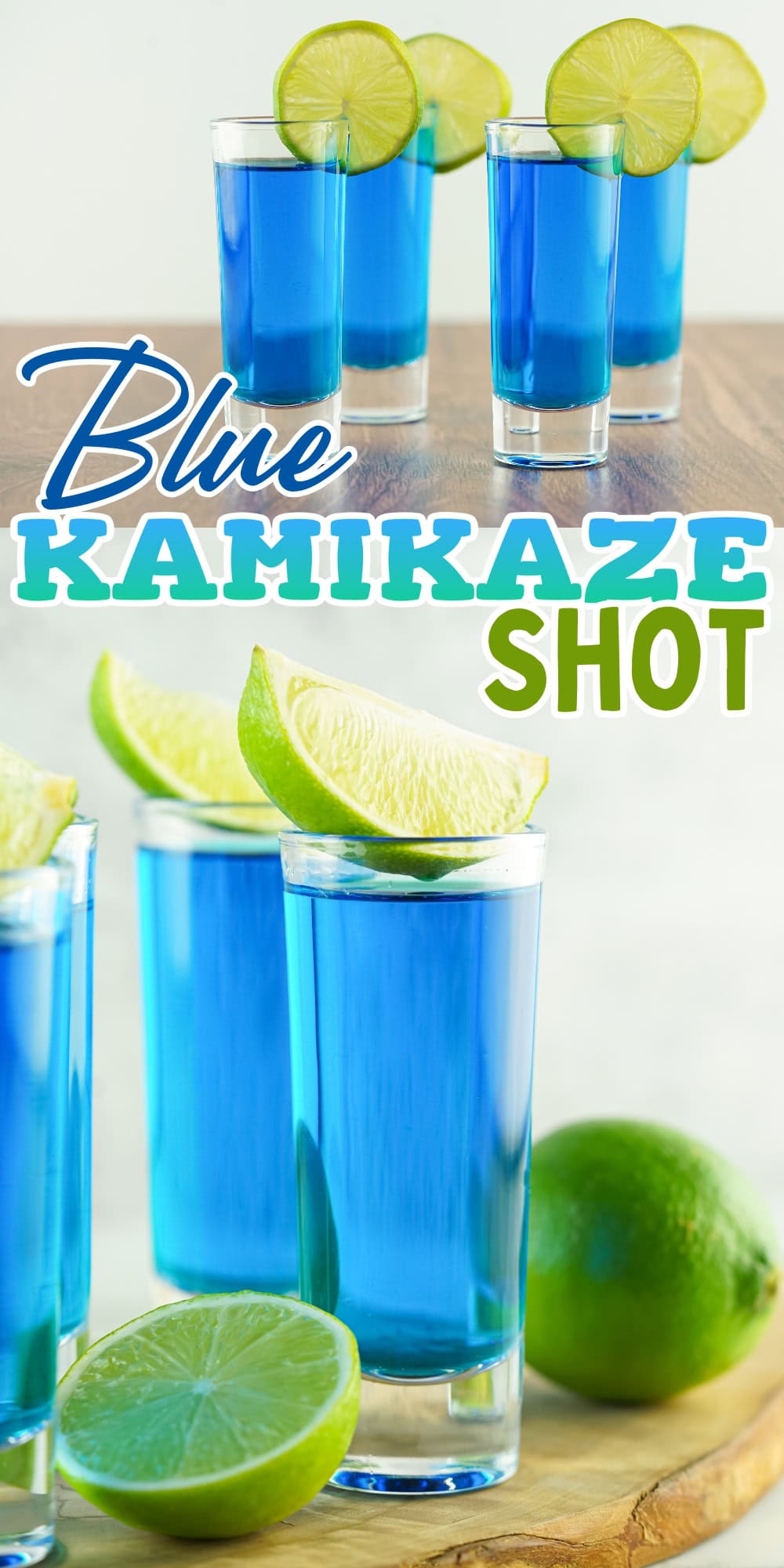 Blue kamikaze shots with lime wedges on glasses and whole limes nearby.