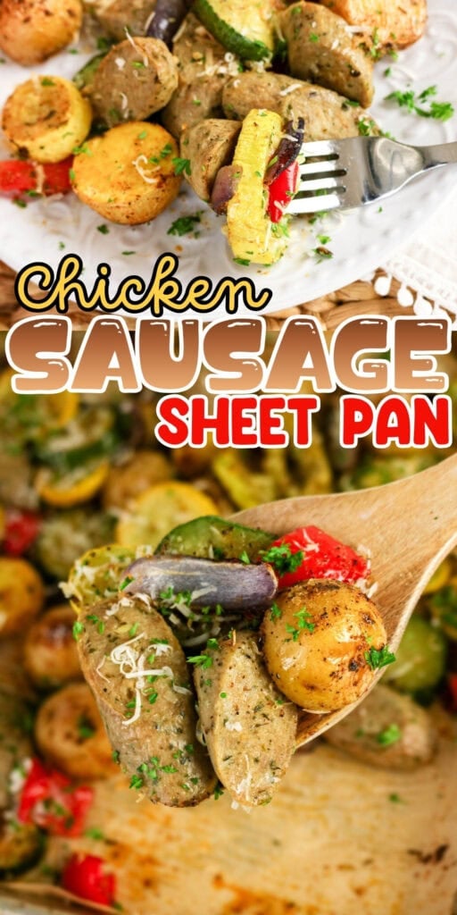Chicken sausage, potatoes, and veggies on a sheet pan, garnished with herbs.