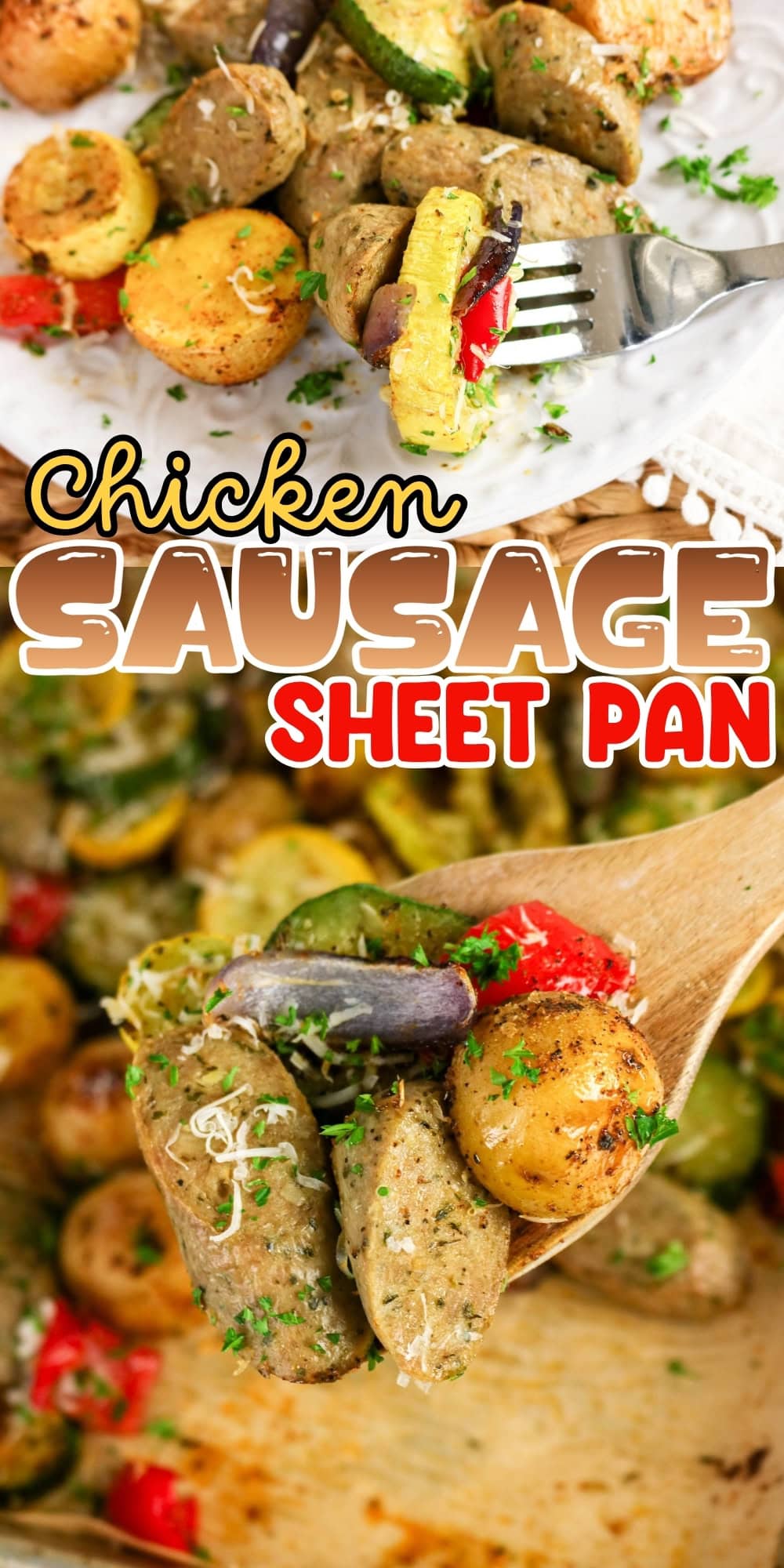 Chicken sausage, potatoes, and veggies on a sheet pan, garnished with herbs.