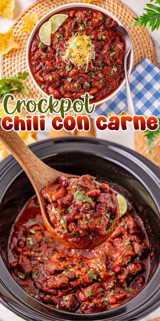 Top-down view of crockpot chili con carne garnished with cheese and cilantro.