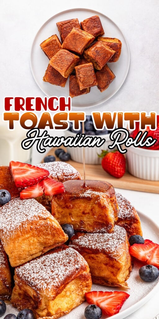 French toast bites topped with berries and powdered sugar on white plates.
