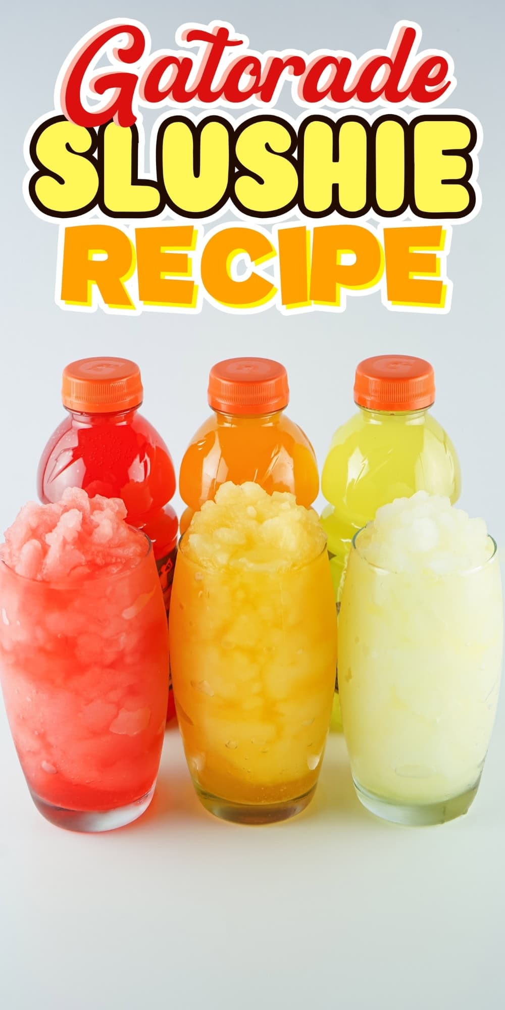 Three Gatorade slushies in glasses with matching Gatorade bottles behind them.