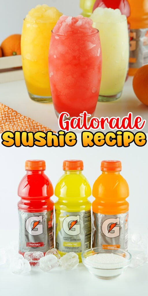 Three colorful Gatorade slushies and matching Gatorade bottles with ice.
