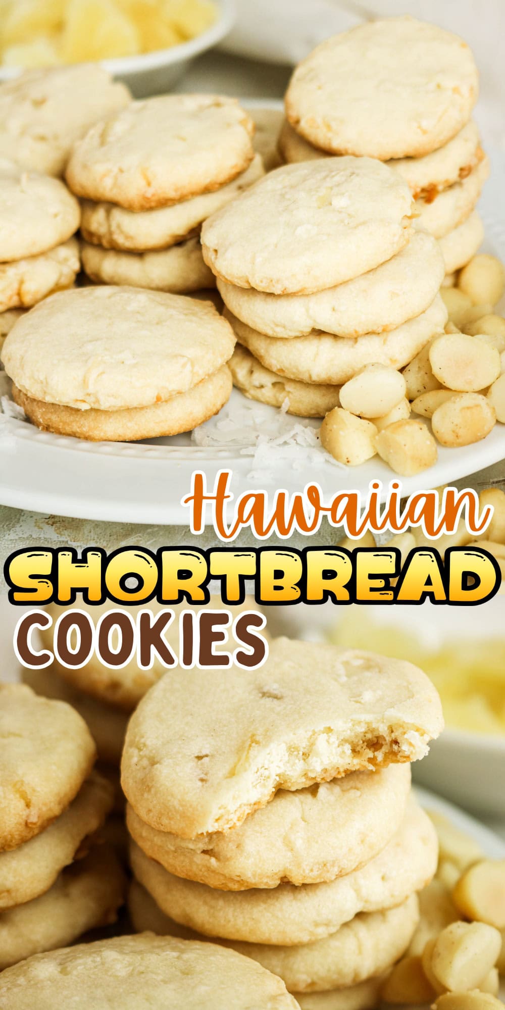 Stacks of Hawaiian shortbread cookies with macadamia nuts on a plate.