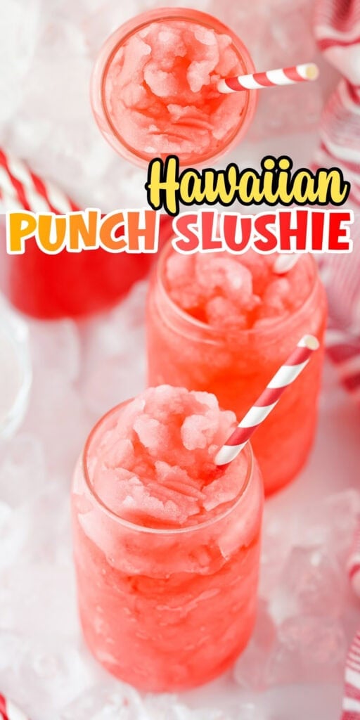 Three jars of red Hawaiian punch slushies with striped straws on a table.