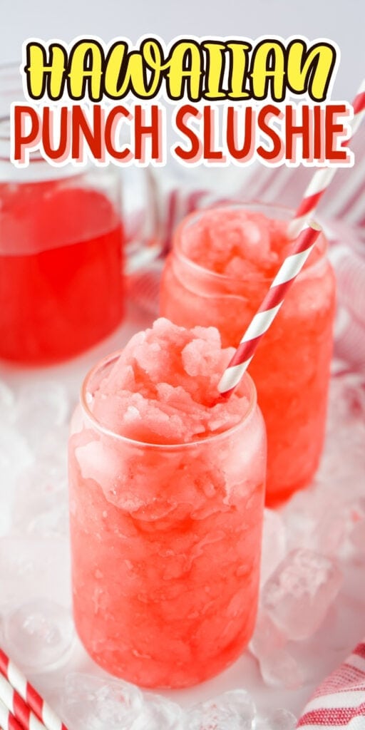Three jars of bright red Hawaiian punch slushie with striped straws on ice.