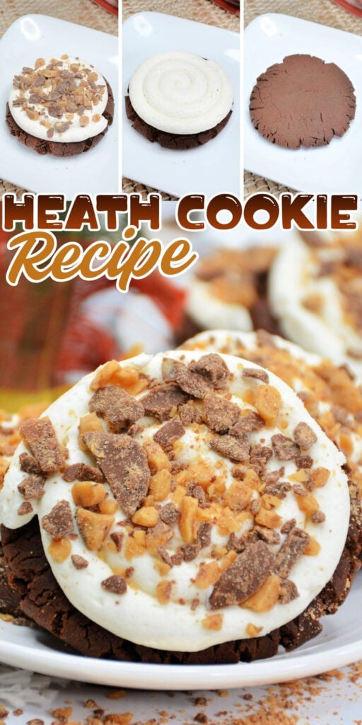 Frosted cookie topped with chopped Heath bars, shown in steps and close-up.