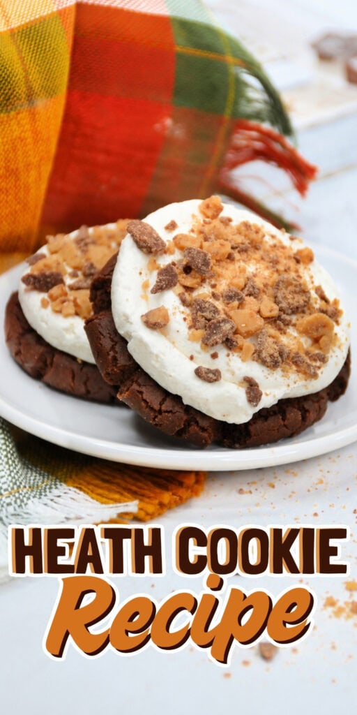 Chocolate cookies topped with frosting and crushed Heath bars.