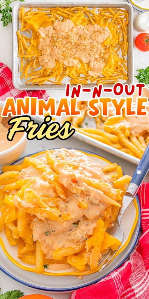 Tray and plate of fries topped with cheese and sauce.