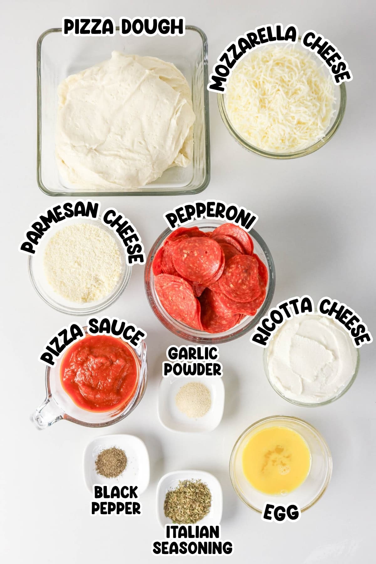 Dough, mozzarella, parmesan, ricotta, pepperoni, sauce, egg, spices.