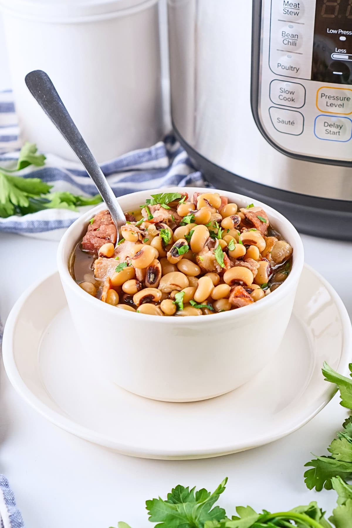 White bowl of bean and ham soup with herbs, spoon, and an Instant Pot behind.