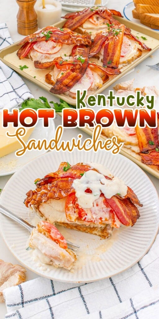 Open-faced sandwiches with turkey, bacon, tomato, and creamy sauce on plates.