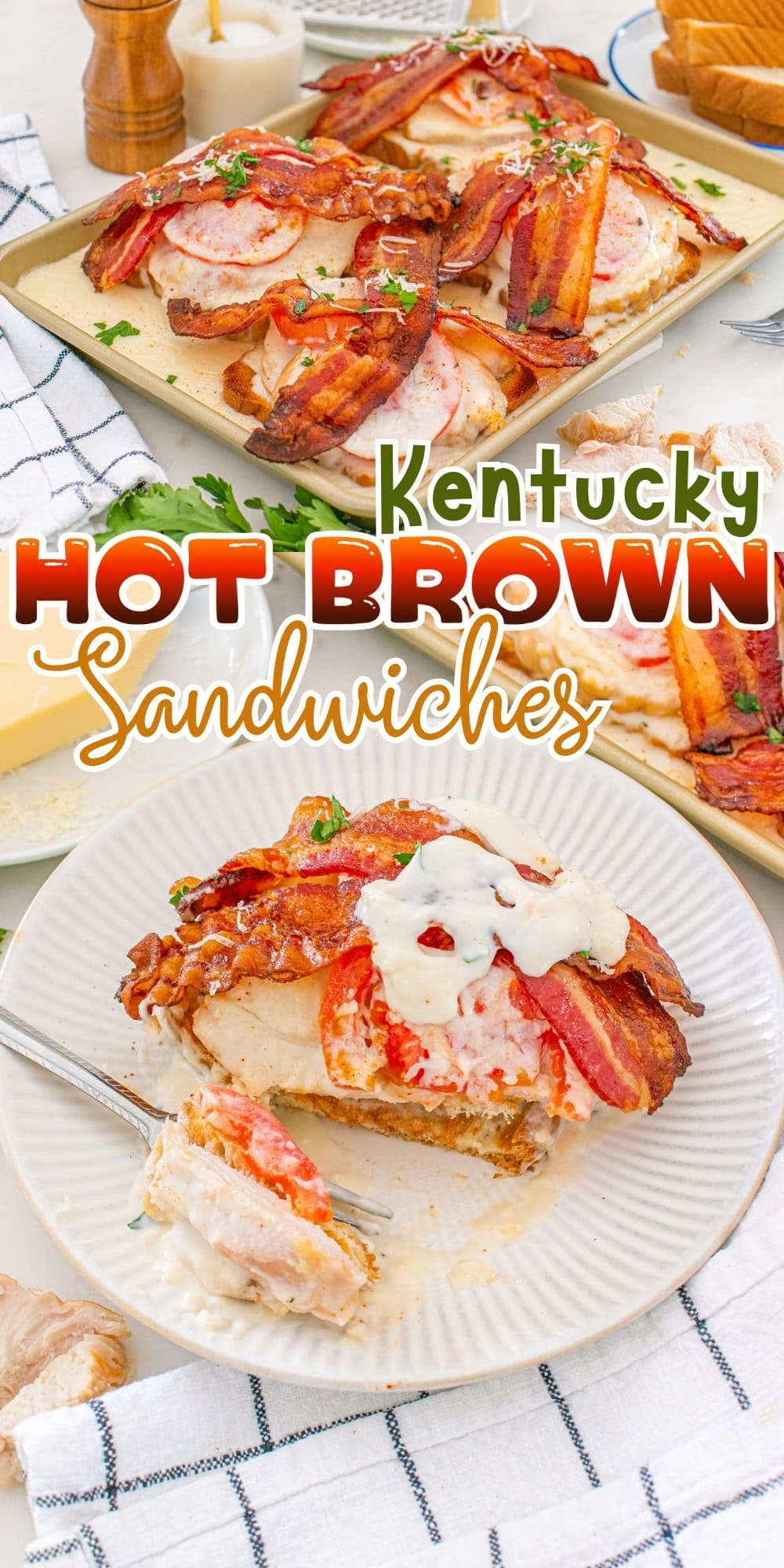 Open-faced sandwiches with turkey, bacon, tomato, and creamy sauce on plates.