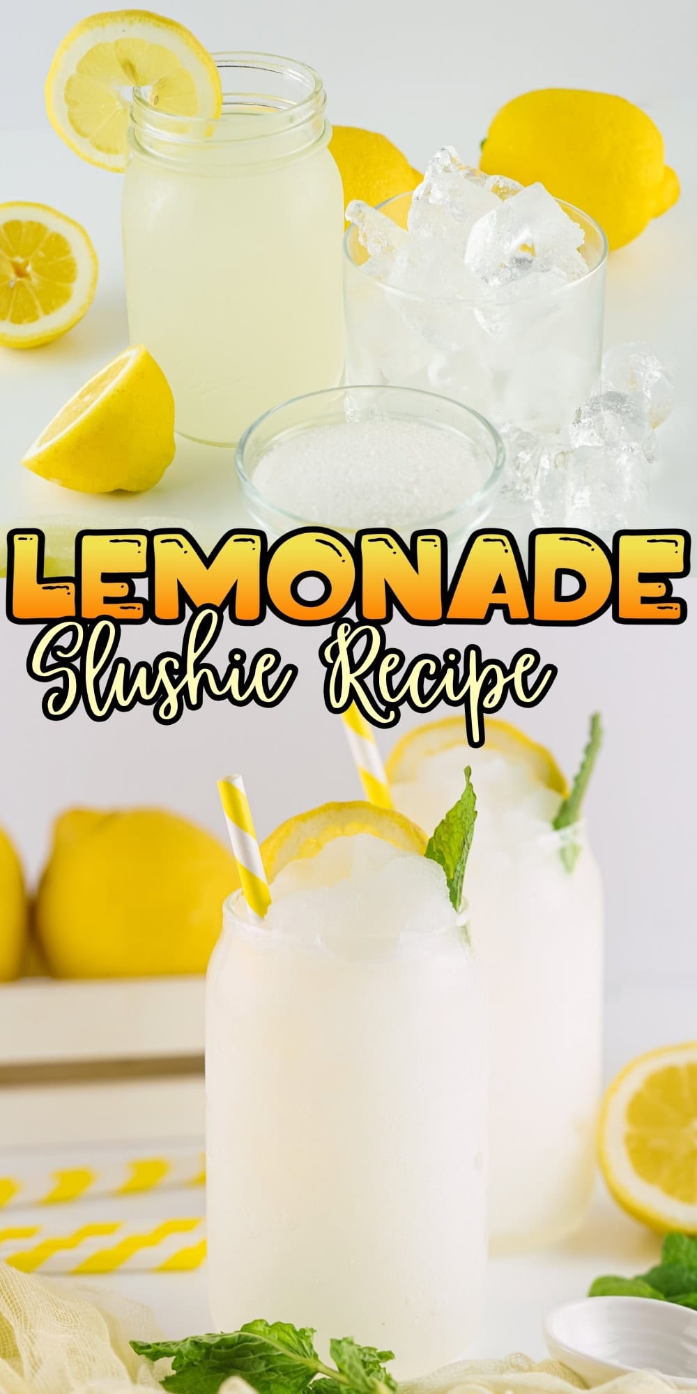 Lemonade slushies in jars with straws, lemon slices, and mint leaves.