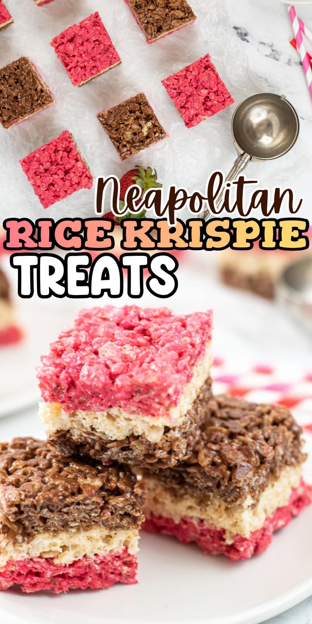 Neapolitan Rice Krispie Treats: chocolate, vanilla, and strawberry layers.