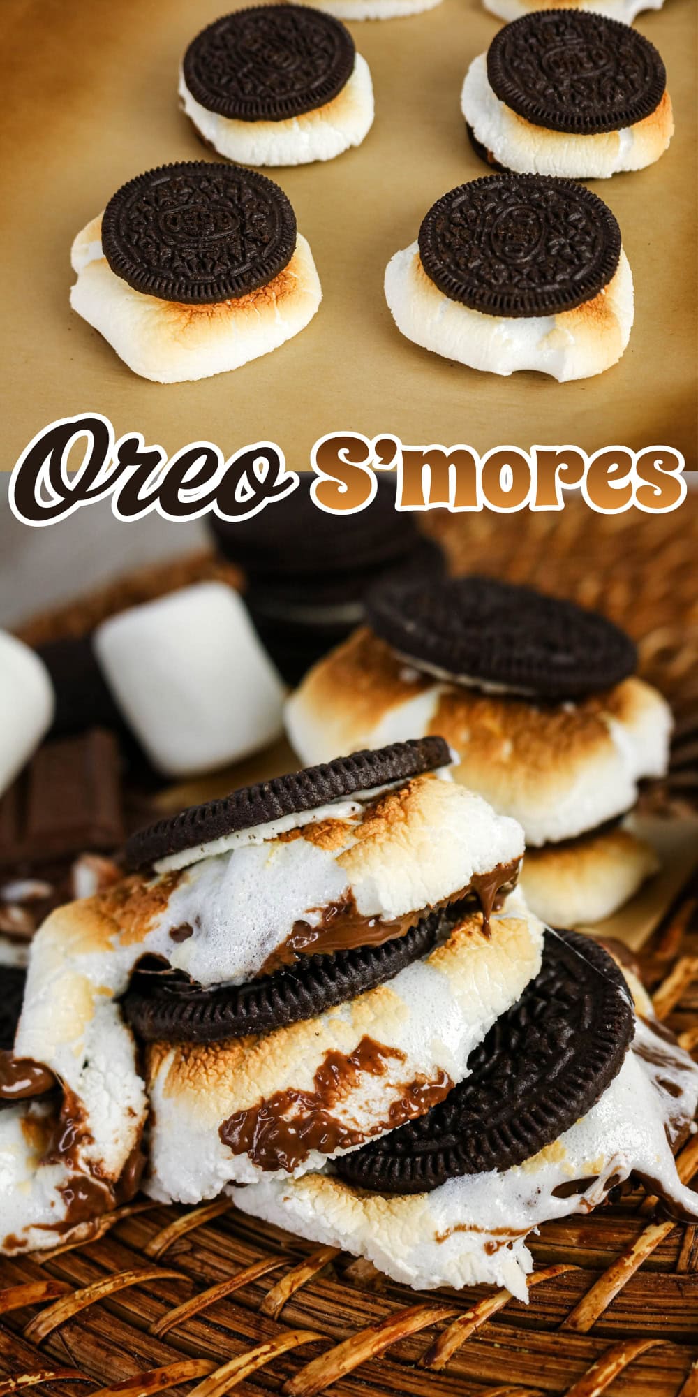 Oreo cookies with toasted marshmallows and melted chocolate on top.