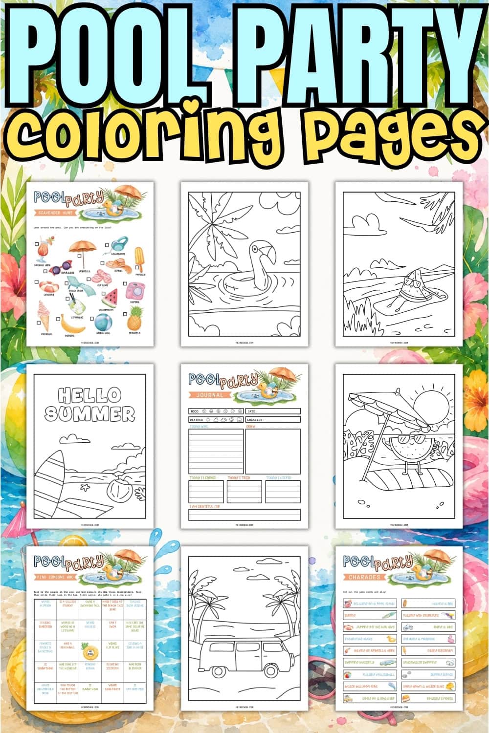 Pool party coloring pages and activity sheets on a colorful floral background.