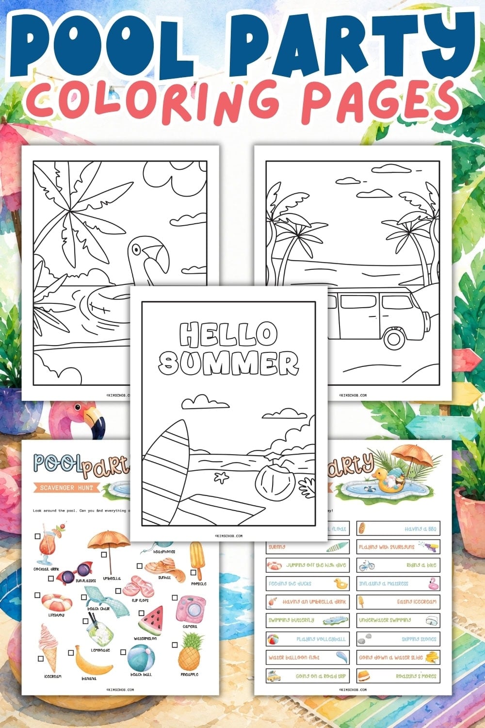 Pool party-themed coloring pages and activity sheets with summer graphics.