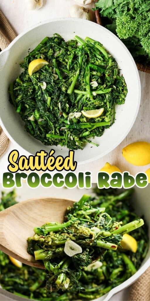 Cooked broccoli rabe with lemon slices and garlic in a white pan.
