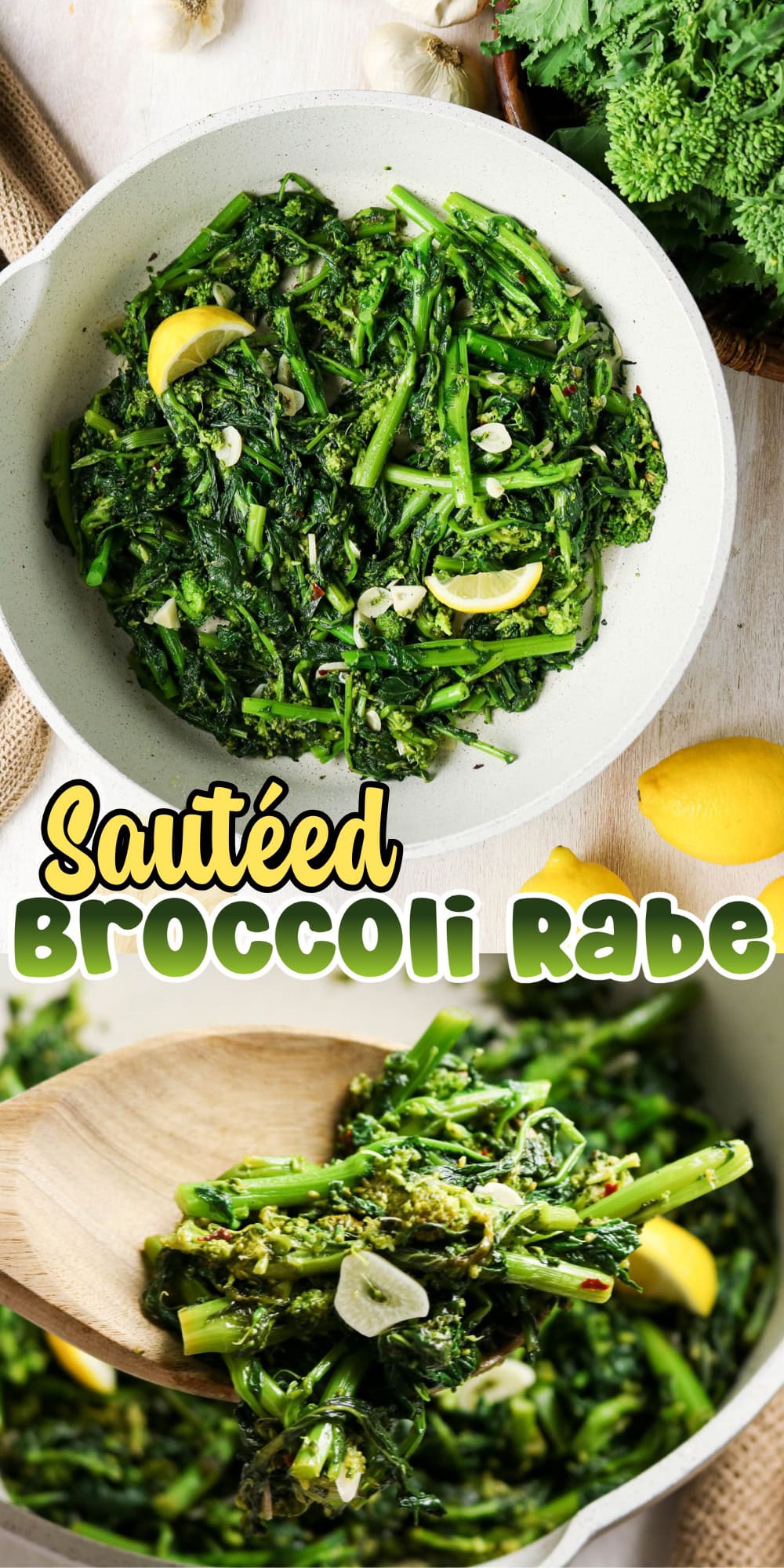 Cooked broccoli rabe with lemon slices and garlic in a white pan.
