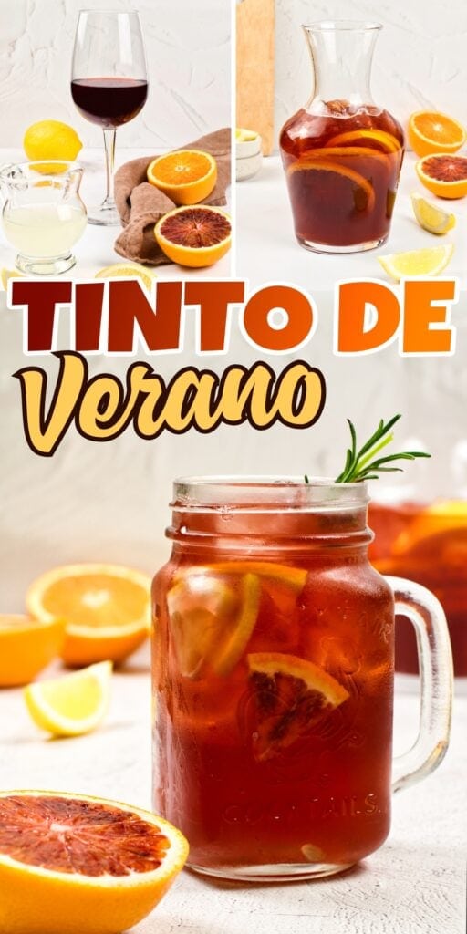 Iced tinto de verano in a mason jar with orange slices and a rosemary sprig.