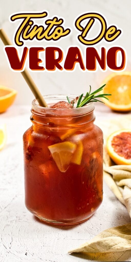 A mason jar of Tinto de Verano with ice, lemon, and rosemary.
