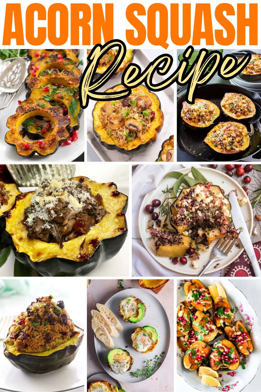 Various stuffed acorn squash dishes with colorful toppings and garnishes.