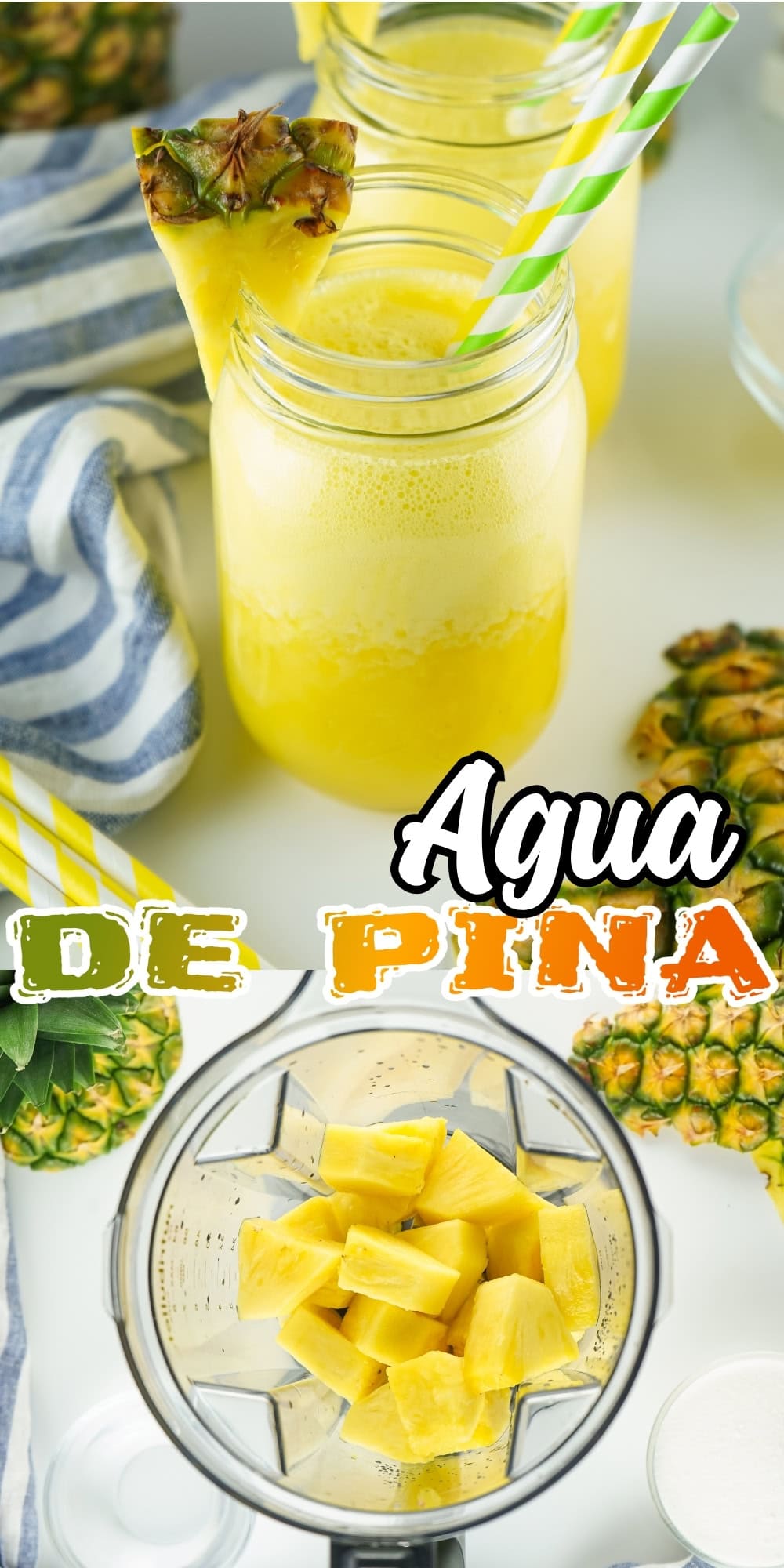 Mason jar with pineapple drink, fresh pineapple cubes, and striped straws.
