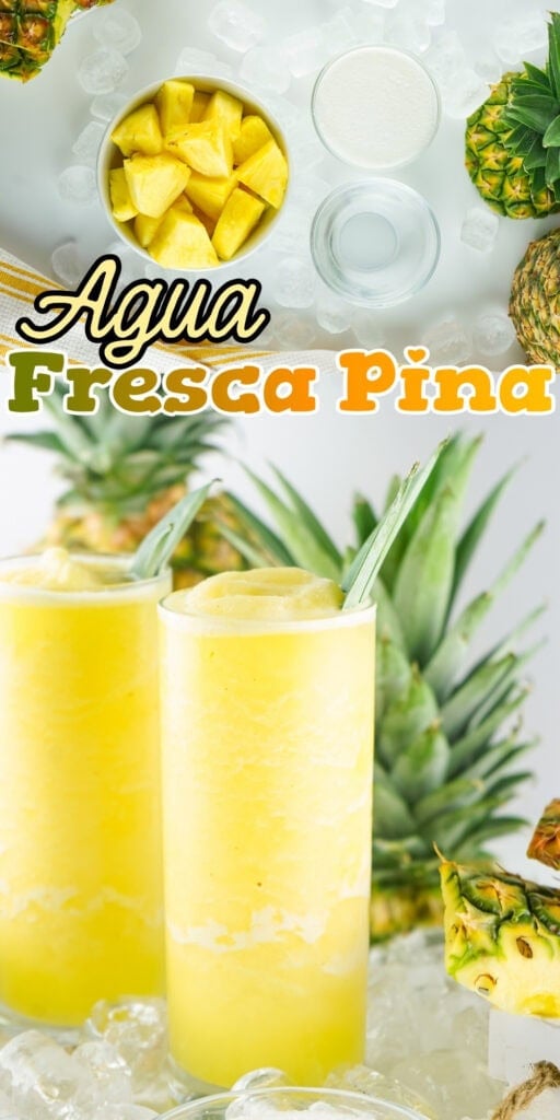 Two glasses of pineapple agua fresca with ice and pineapple pieces nearby.