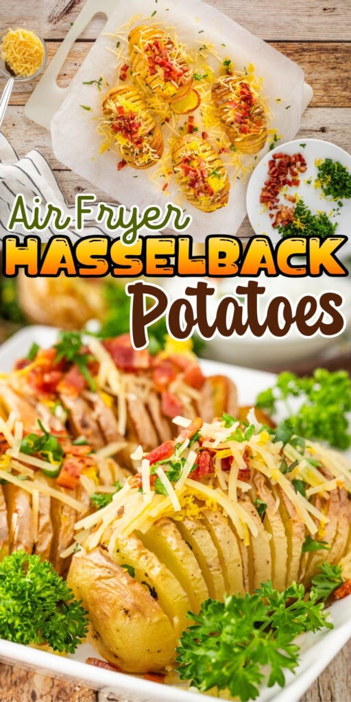 Air fryer Hasselback potatoes topped with cheese, bacon, and parsley.