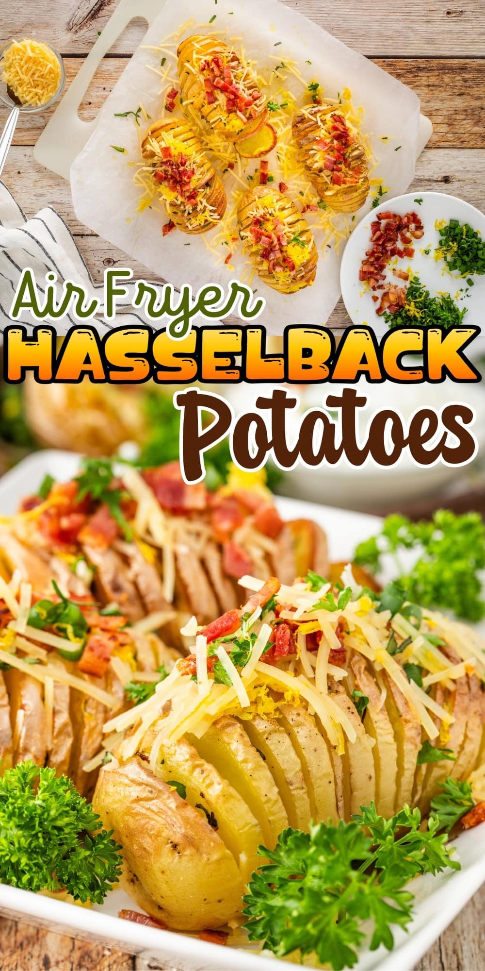 Air fryer Hasselback potatoes topped with cheese, bacon, and parsley.