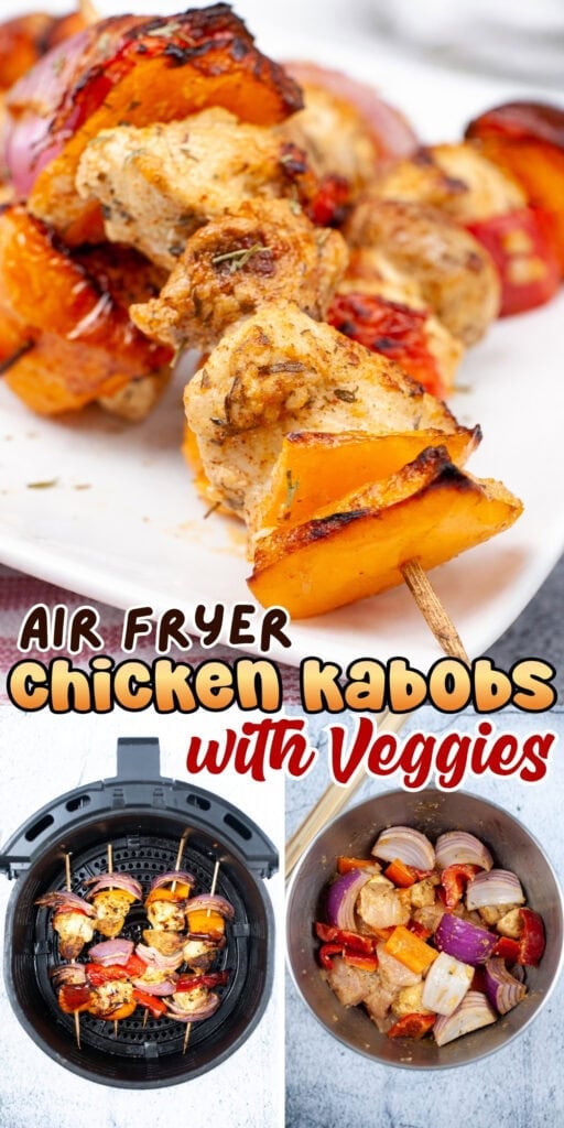Chicken kabobs with veggies on skewers, shown cooked, plated, and prepped.