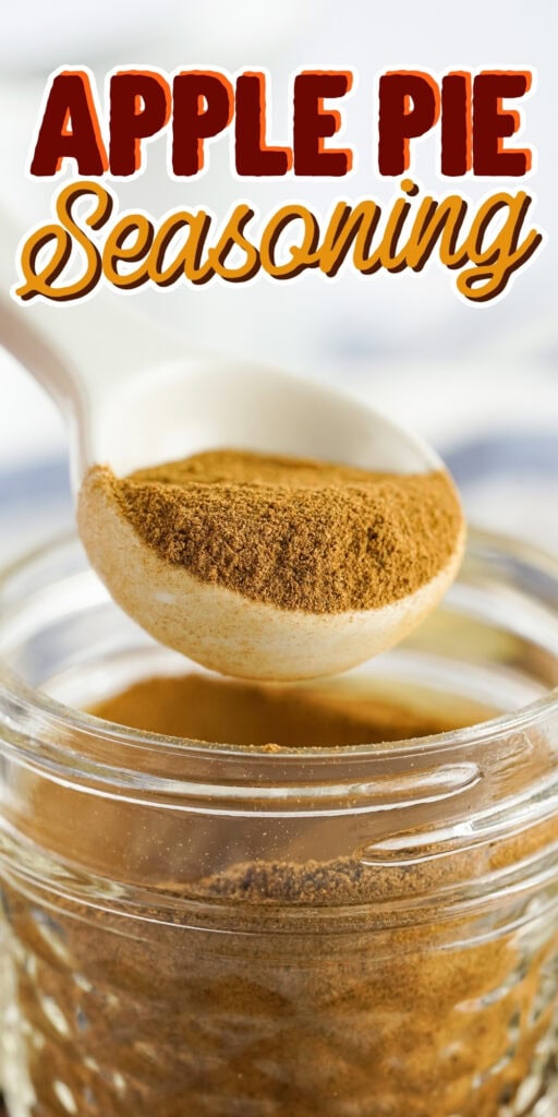 Apple Pie Seasoning in a jar with a spoonful of the spice mix above it.