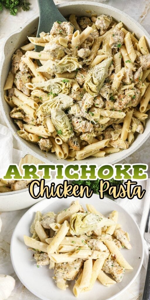 A bowl and plate of creamy artichoke chicken pasta garnished with herbs.