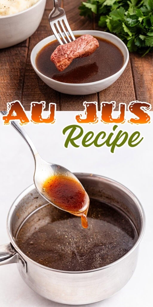 A fork dips beef into brown au jus; spoon drizzles au jus from a pot.