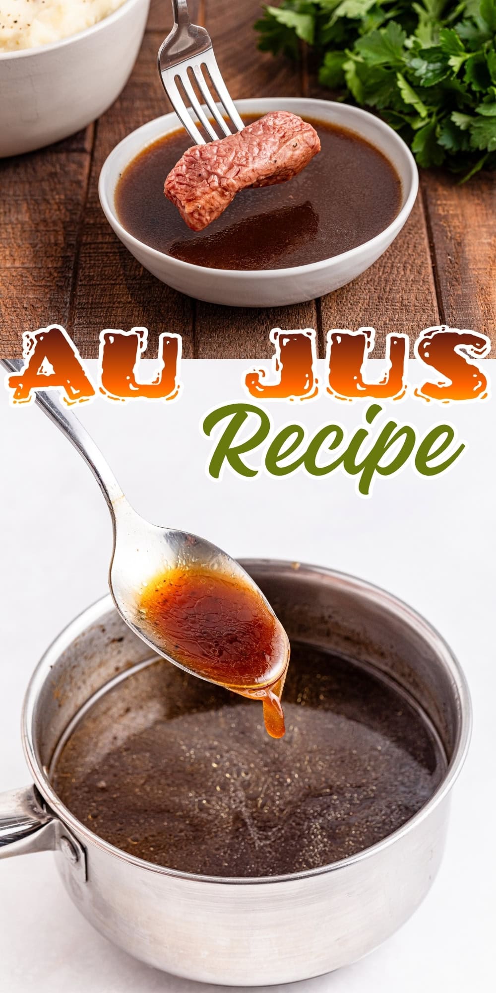 A fork dips beef into brown au jus; spoon drizzles au jus from a pot.