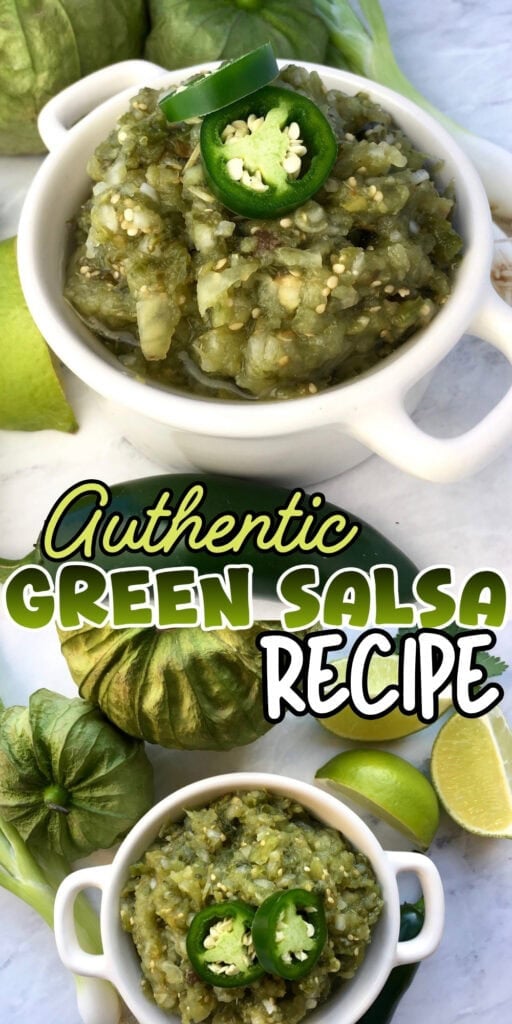 Green salsa in a white bowl, topped with sliced jalapeño, with fresh tomatillos.