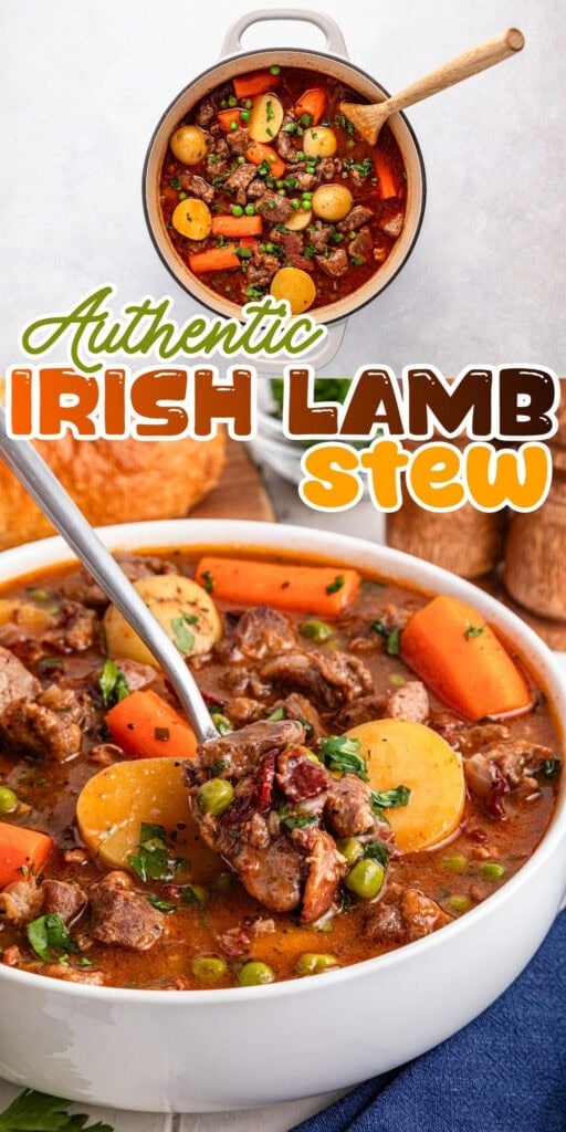 Bowl of Irish lamb stew with carrots, potatoes, peas, and a spoon.