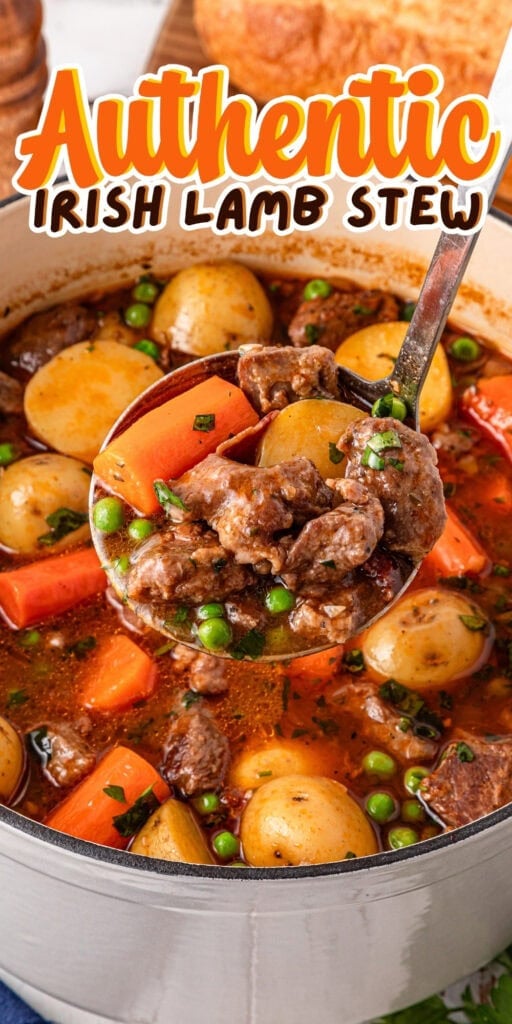 Ladle of lamb stew with potatoes, carrots, peas in a pot.