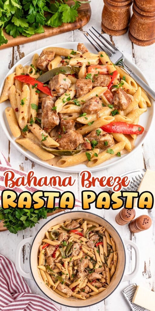 Two plates of creamy rasta pasta with chicken, bell peppers, and parsley.