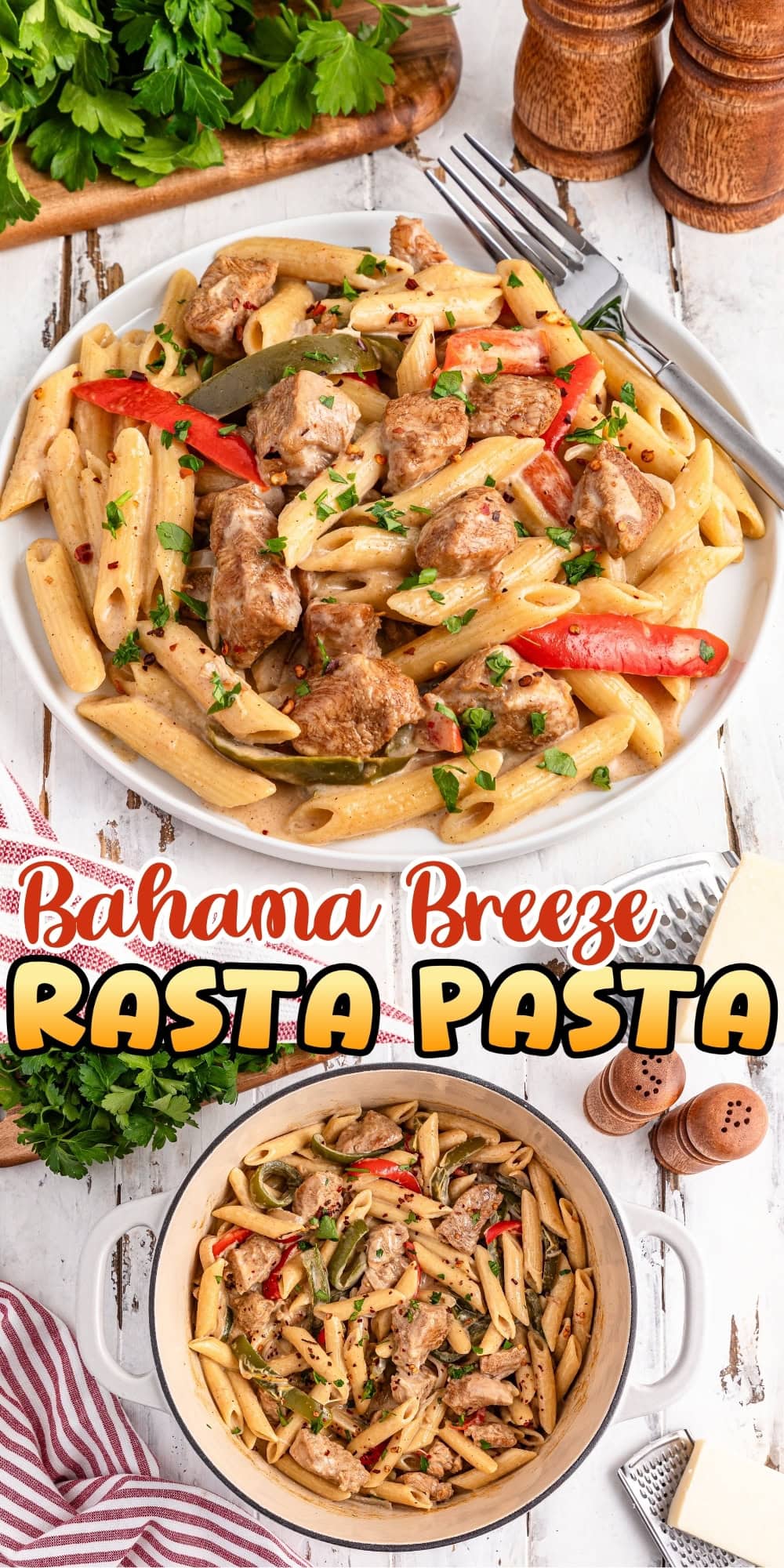 Two plates of creamy rasta pasta with chicken, bell peppers, and parsley.