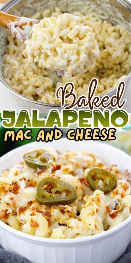 Baked jalapeno mac and cheese served in a bowl, topped with sliced jalapenos.