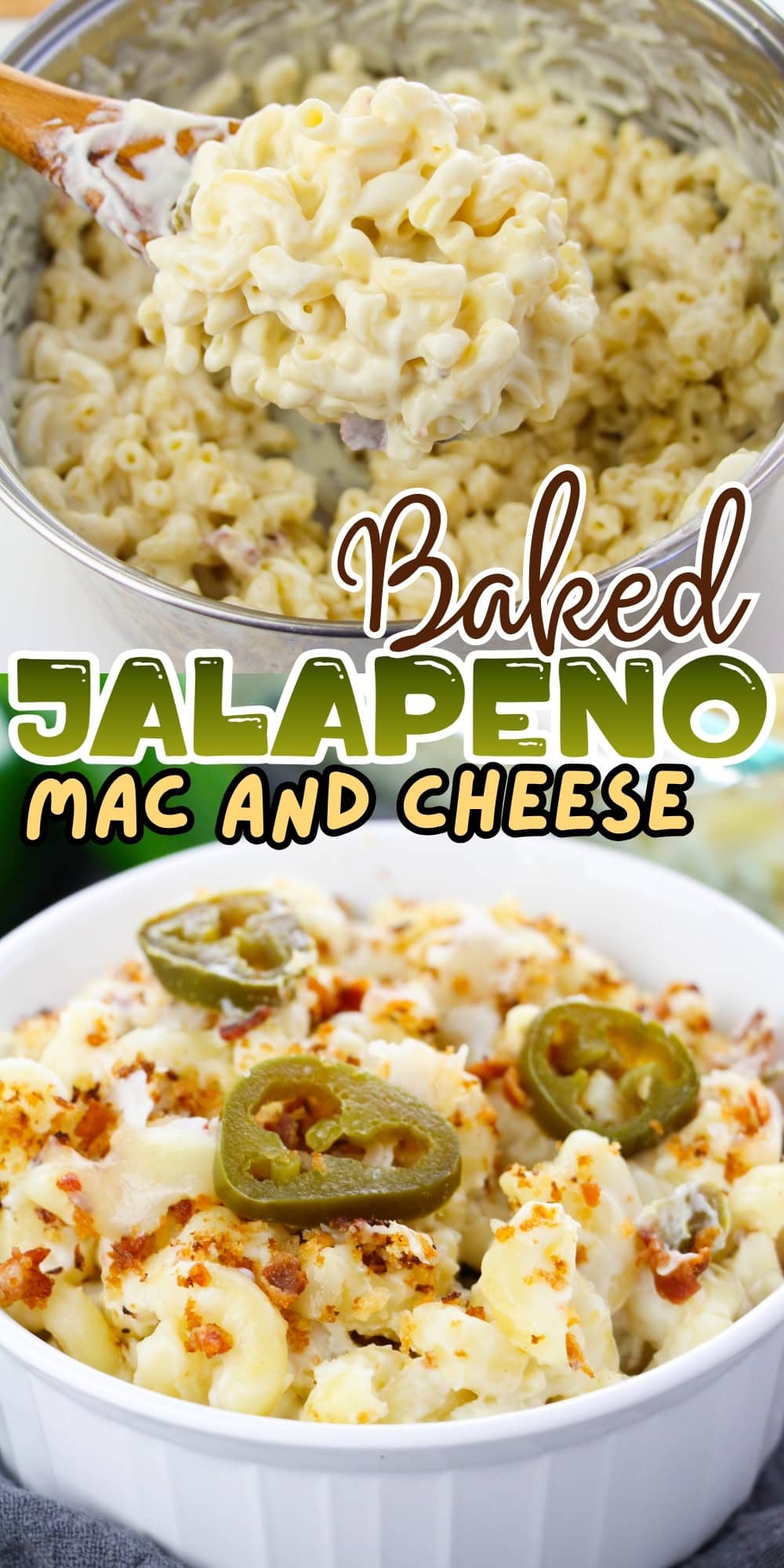 Baked jalapeno mac and cheese served in a bowl, topped with sliced jalapenos.