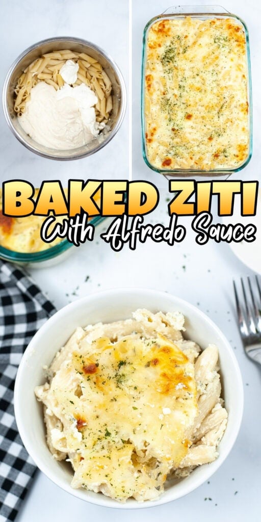 Baked ziti topped with Alfredo sauce, served in a bowl, dish, and mixing bowl.