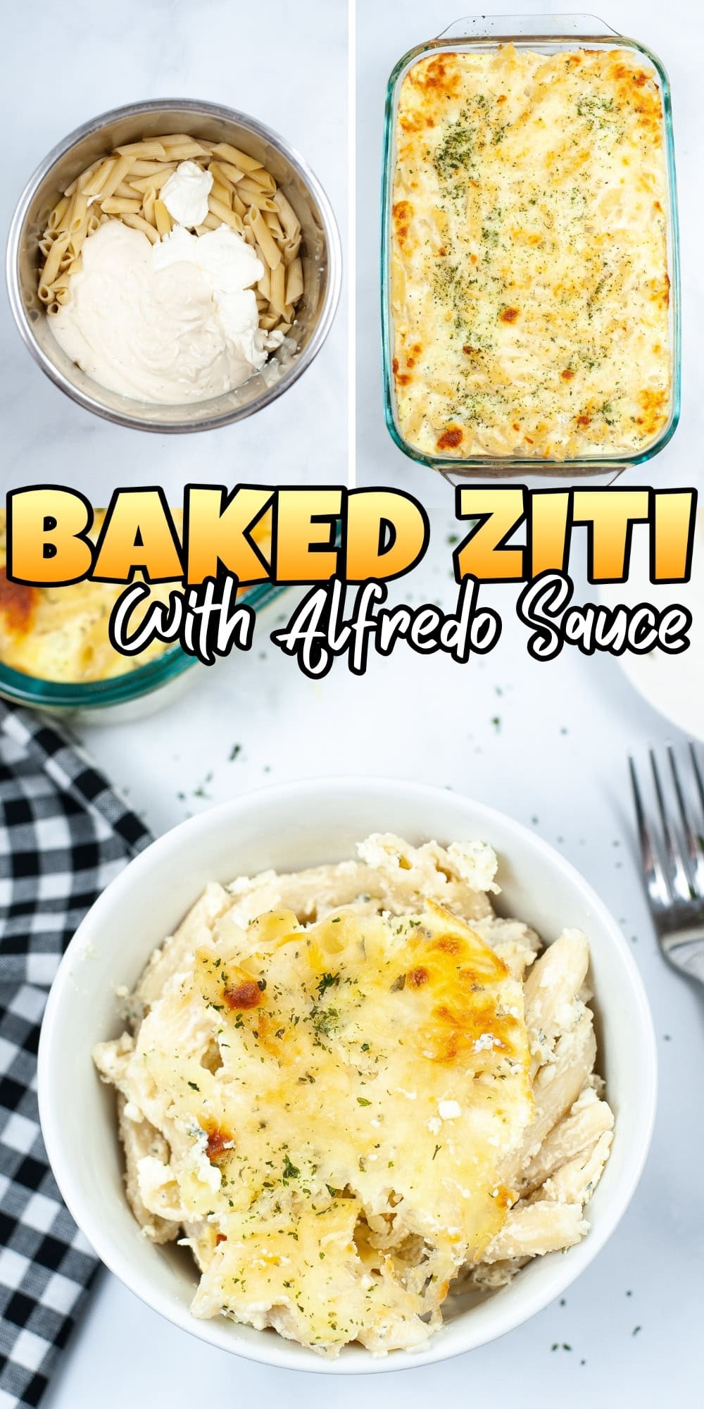 Baked ziti topped with Alfredo sauce, served in a bowl, dish, and mixing bowl.