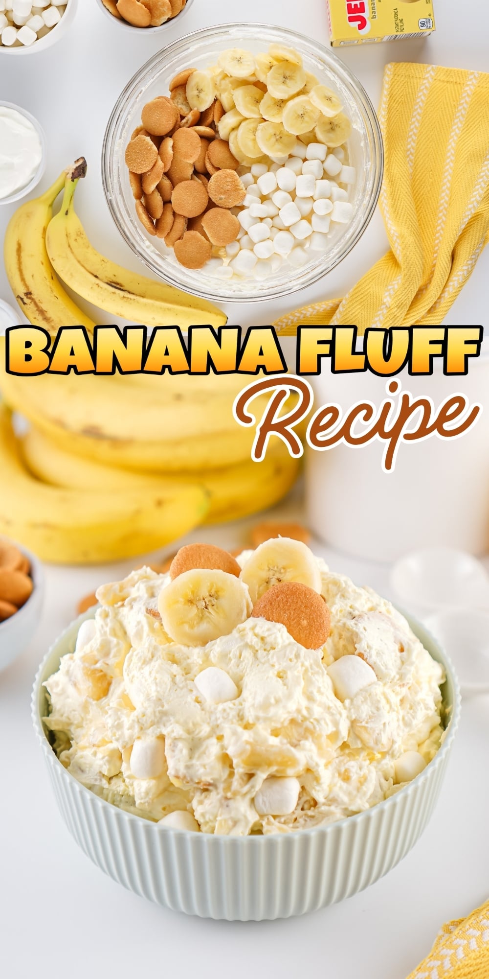Bowl of banana fluff dessert with banana slices, cookies, and marshmallows.