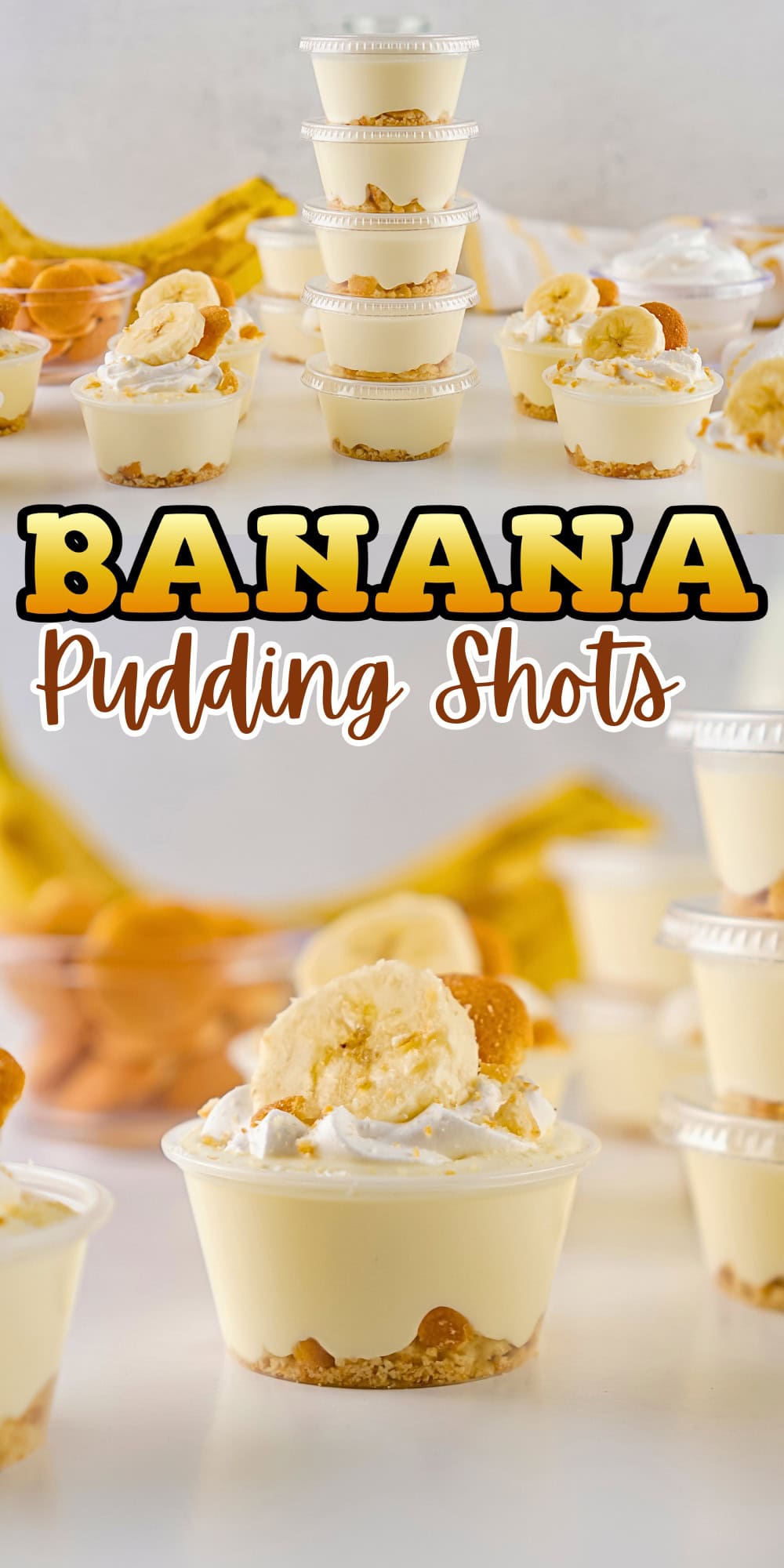Mini banana pudding shots topped with whipped cream, banana slices, and wafers.