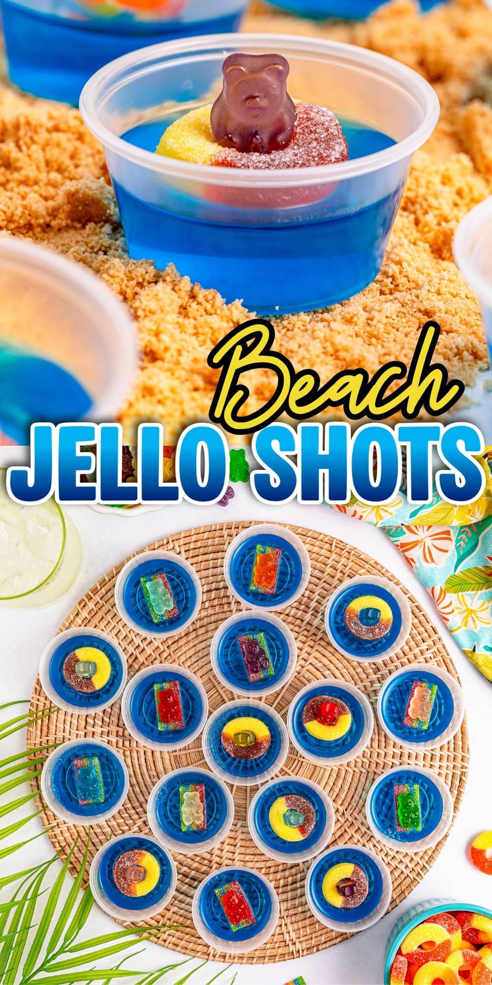 Blue jello shots with candy toppings on a beach-themed serving setup.